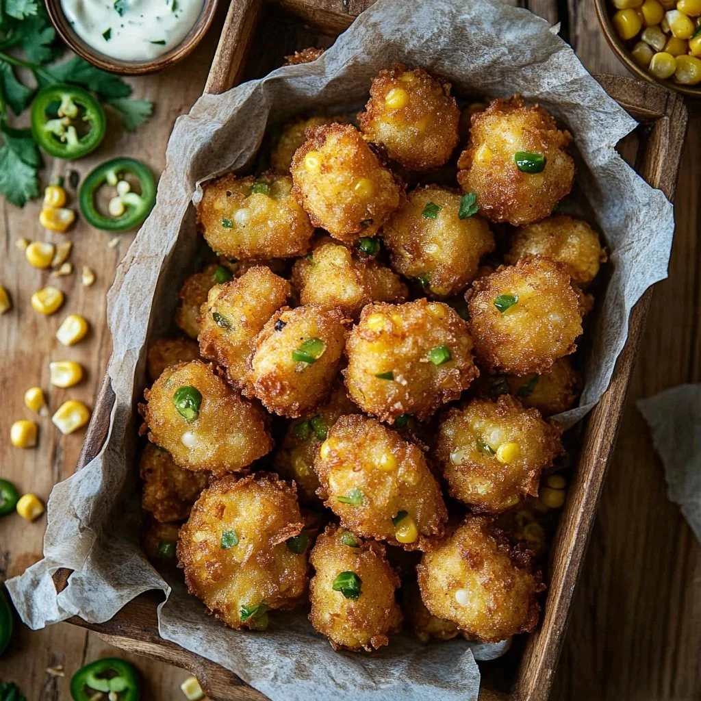 Crispy Jalapeño Corn Nuggets served on a plate with dipping sauce