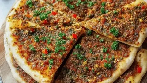 Lahmacun, a flavorful Turkish pizza flatbread topped with minced meat and spices.