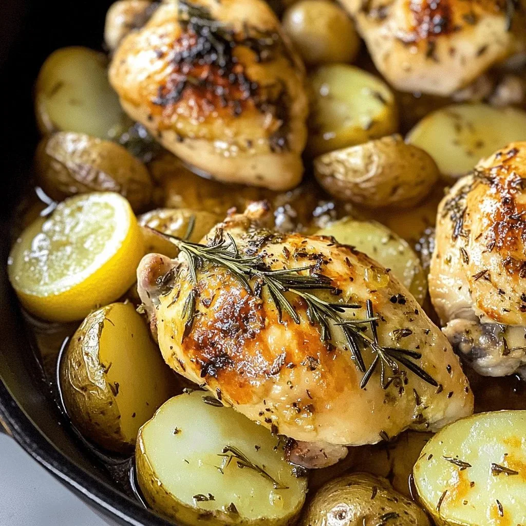 Lemon Rosemary Chicken served with crispy roasted potatoes garnished with herbs.