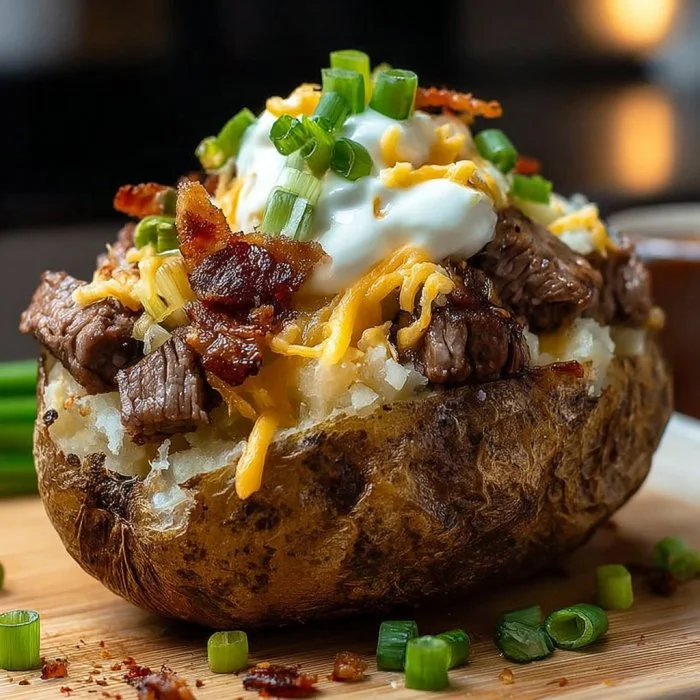Delicious loaded baked potato steak bites topped with cheese and chives