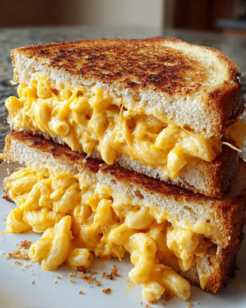 Delicious Mac and Cheese Grilled Cheese sandwich with gooey cheese