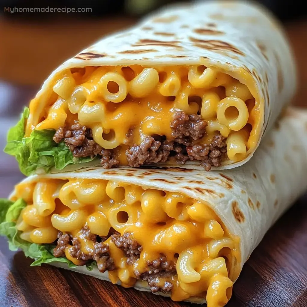Mac 'n' Cheese Burger Wrap featuring creamy cheese and juicy burger goodness