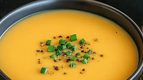 Bowl of maple butternut squash and apple soup, garnished with herbs.