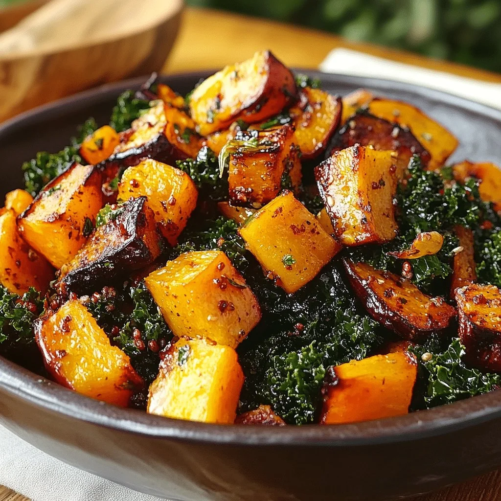 Maple-roasted squash and kale salad garnished with nuts and dressing.