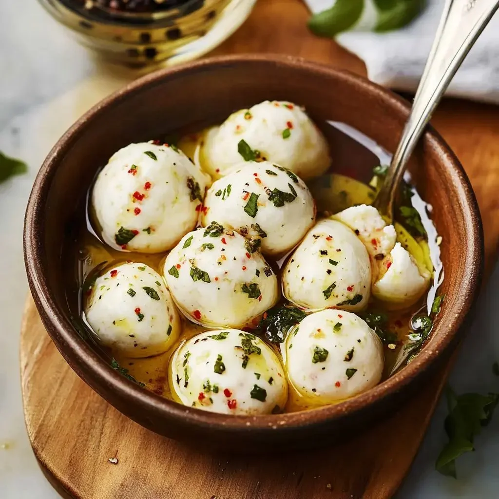 Delicious marinated mozzarella balls in a rustic dish