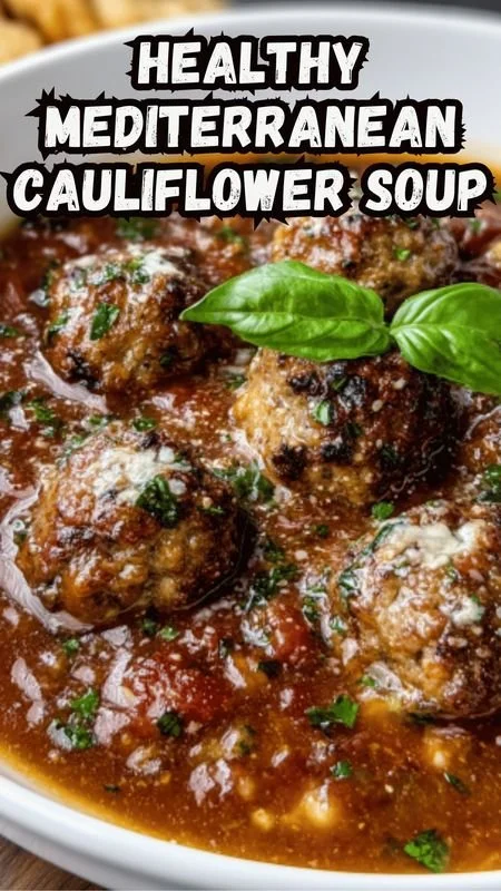 Bowl of Mediterranean Cauliflower Soup garnished with herbs