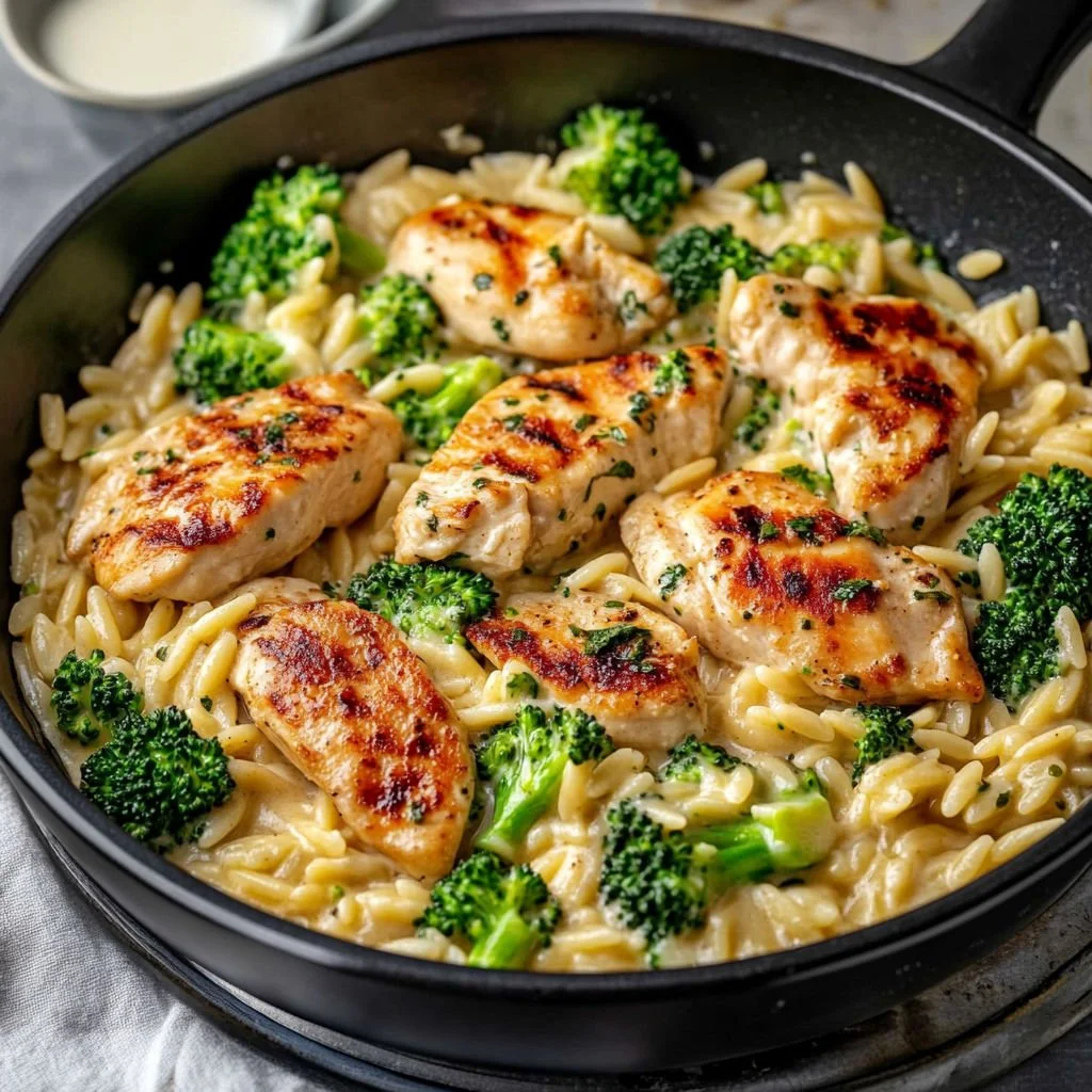 Bowl of Mediterranean creamy chicken orzo with fresh herbs and vegetables