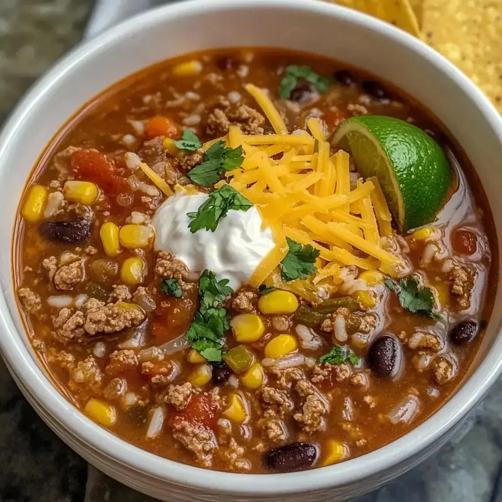 Delicious Mexican beef soup garnished with fresh cilantro and lime wedges