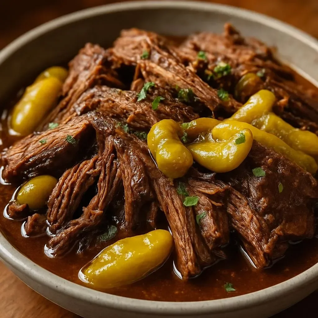 Slow cooker Mississippi Roast with pepperoncini in a bowl