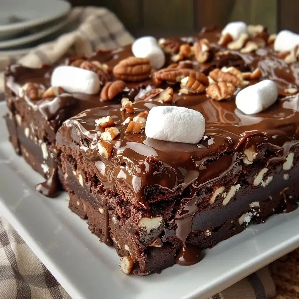 Delicious slice of rich chocolate mud cake with creamy frosting and decorations