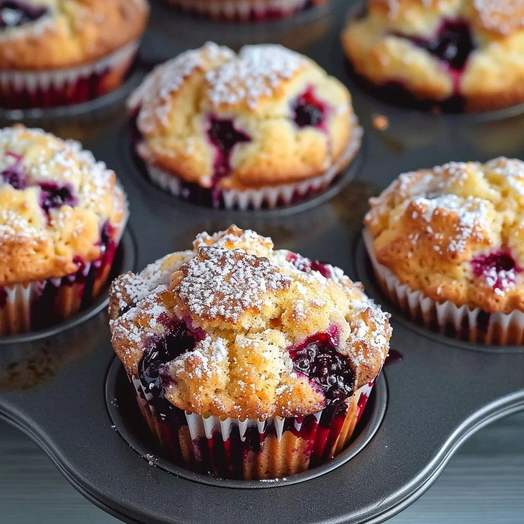 Freshly baked mulberry muffins on a rustic wooden table