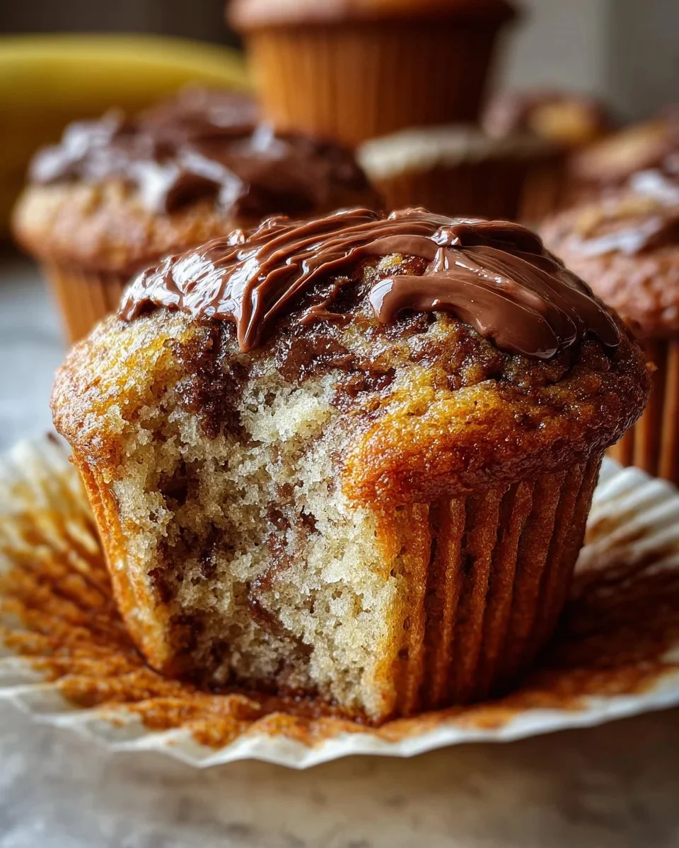 Freshly baked Nutella banana muffins topped with chocolate and bananas