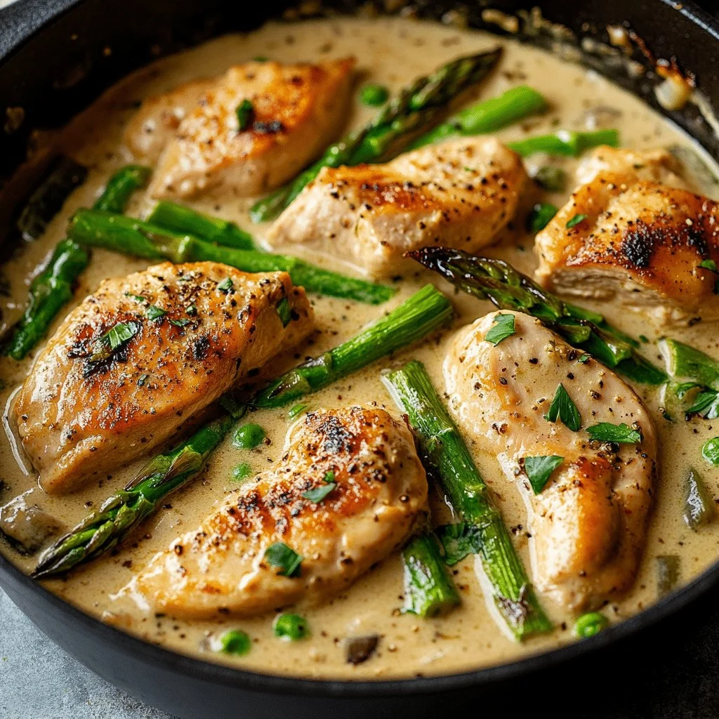 One Pot Creamy Chicken and Asparagus served in a bowl