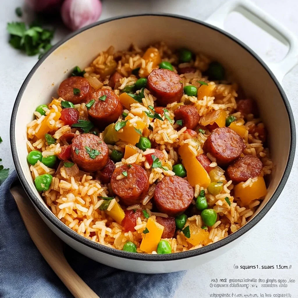 Delicious one-pot smoked sausage and rice dish served in a bowl.