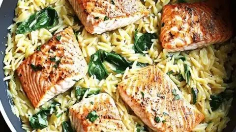 Skillet salmon served with lemon orzo, perfect for weeknight dinners