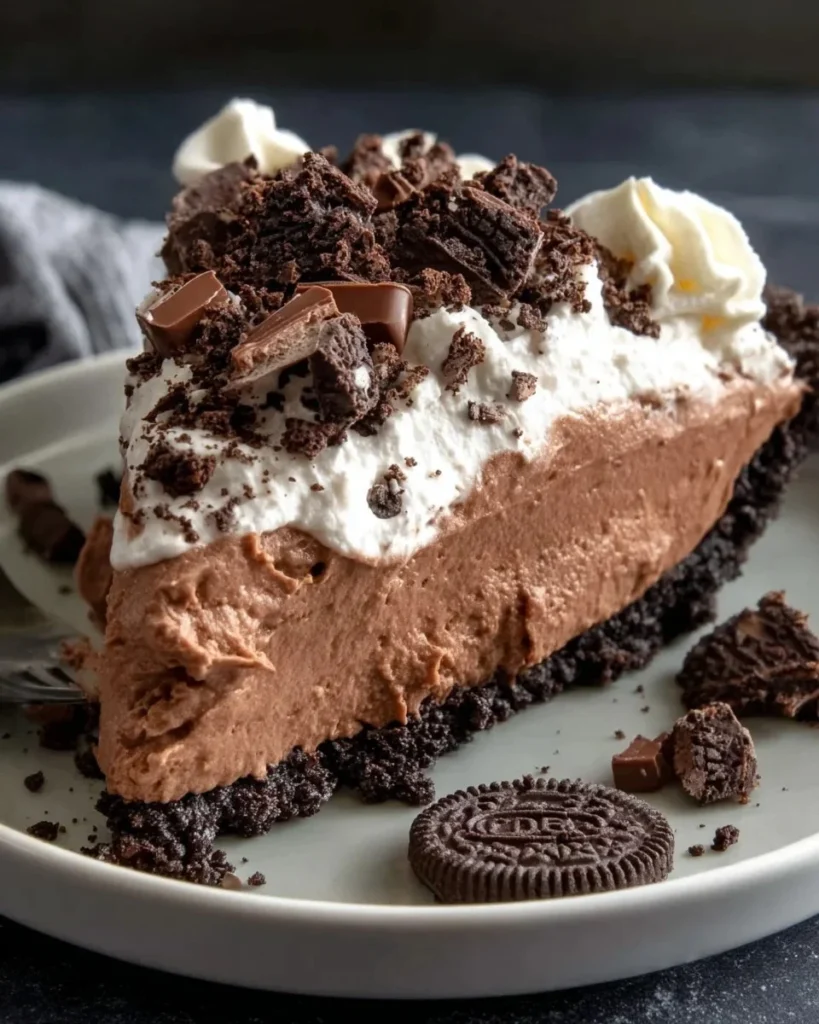 Oreo Chocolate Mousse Pie topped with whipped cream and Oreo crumbs