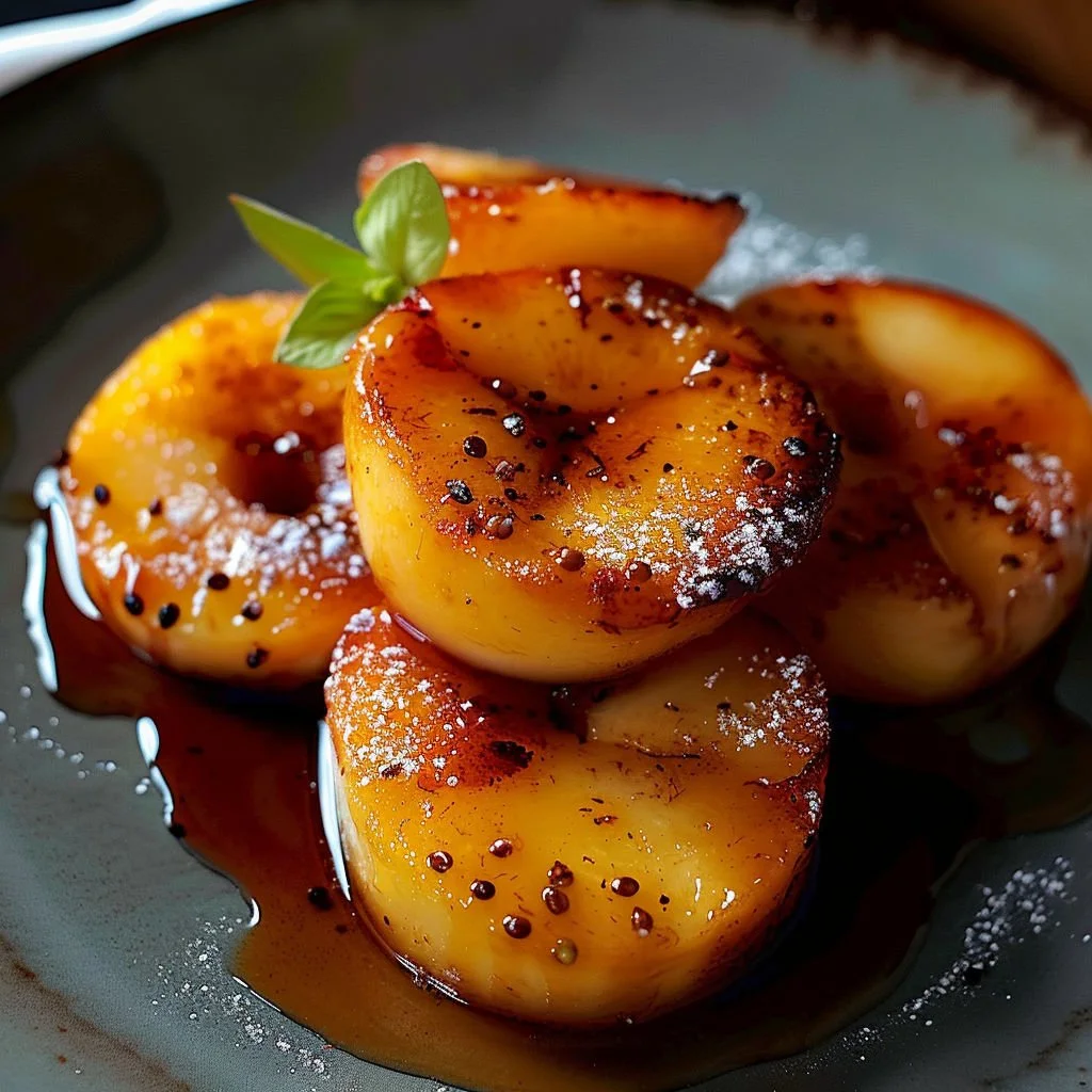 Delicious pan-fried peaches served with syrup and garnish on a plate.