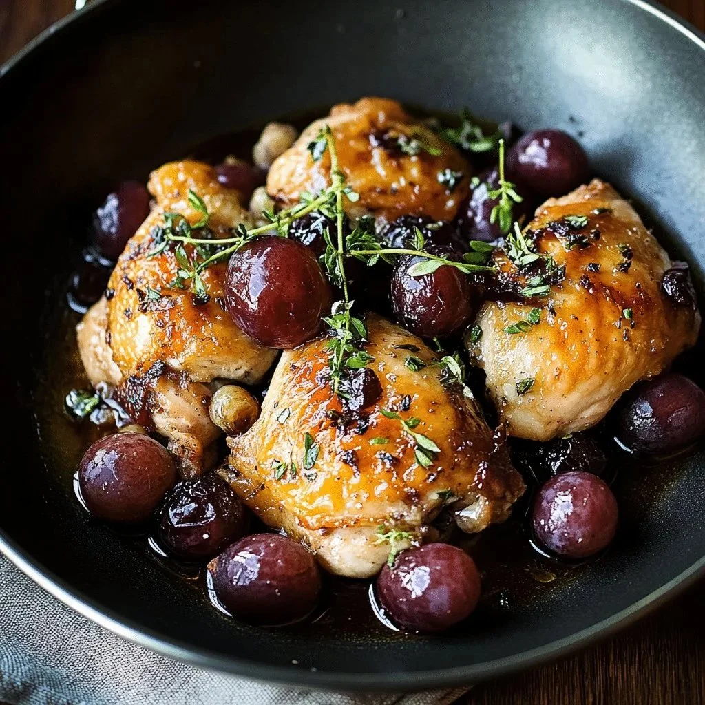 Delicious pan-roasted chicken with balsamic grapes served on a plate.