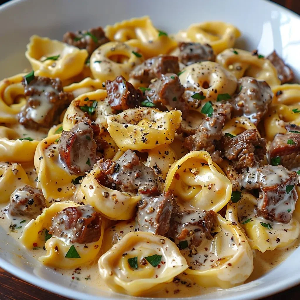 Philly Cheesesteak Tortellini dish featuring pasta with steak and cheese toppings