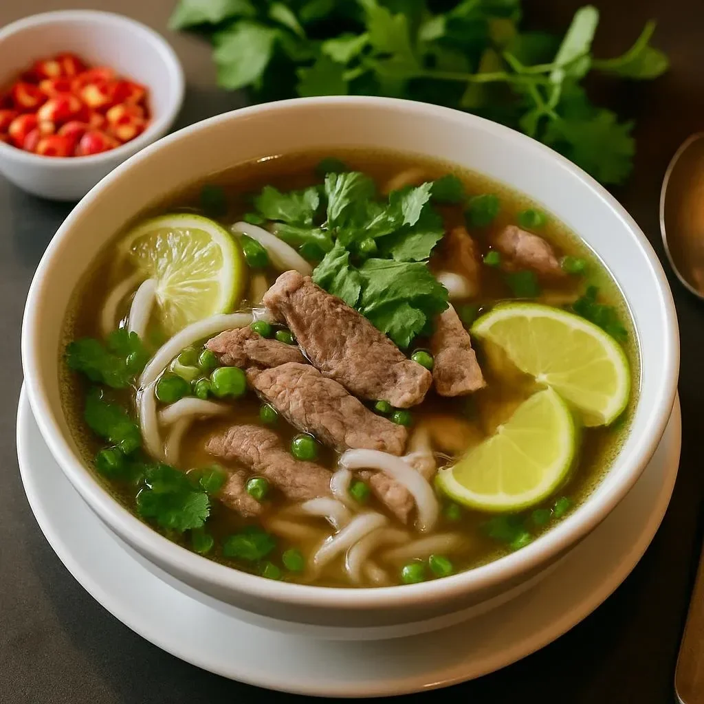 Bowl of traditional Vietnamese Pho with fresh herbs and noodles