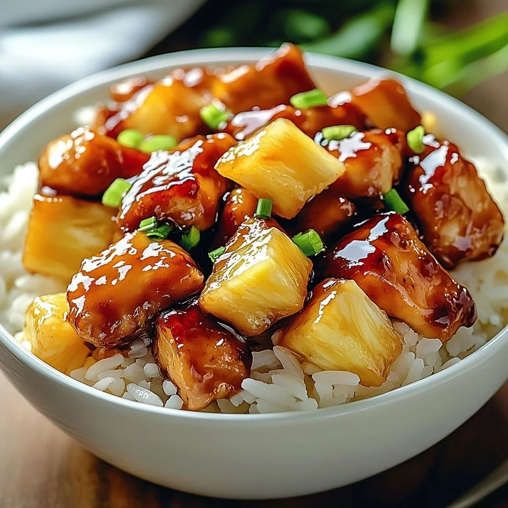 A plate of pineapple chicken served over fluffy rice with vibrant garnish