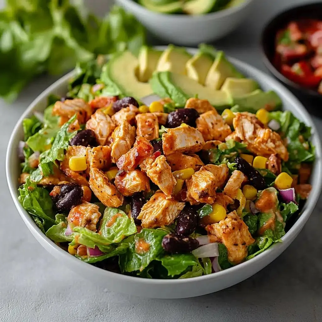 High protein southwest chicken salad with fresh ingredients and vibrant colors