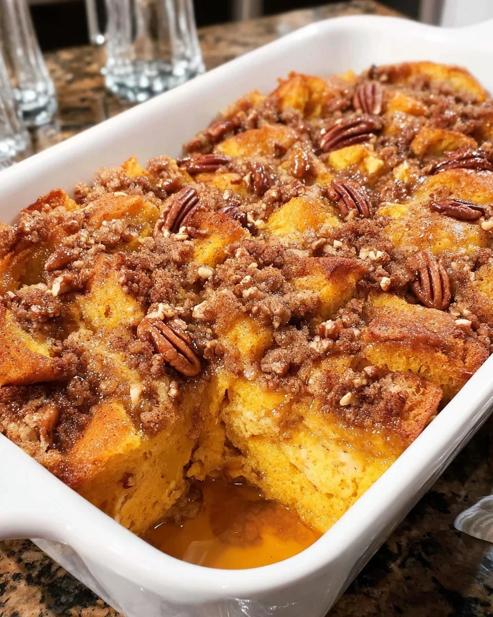 Delicious Pumpkin French Toast Casserole baked with spices and served warm