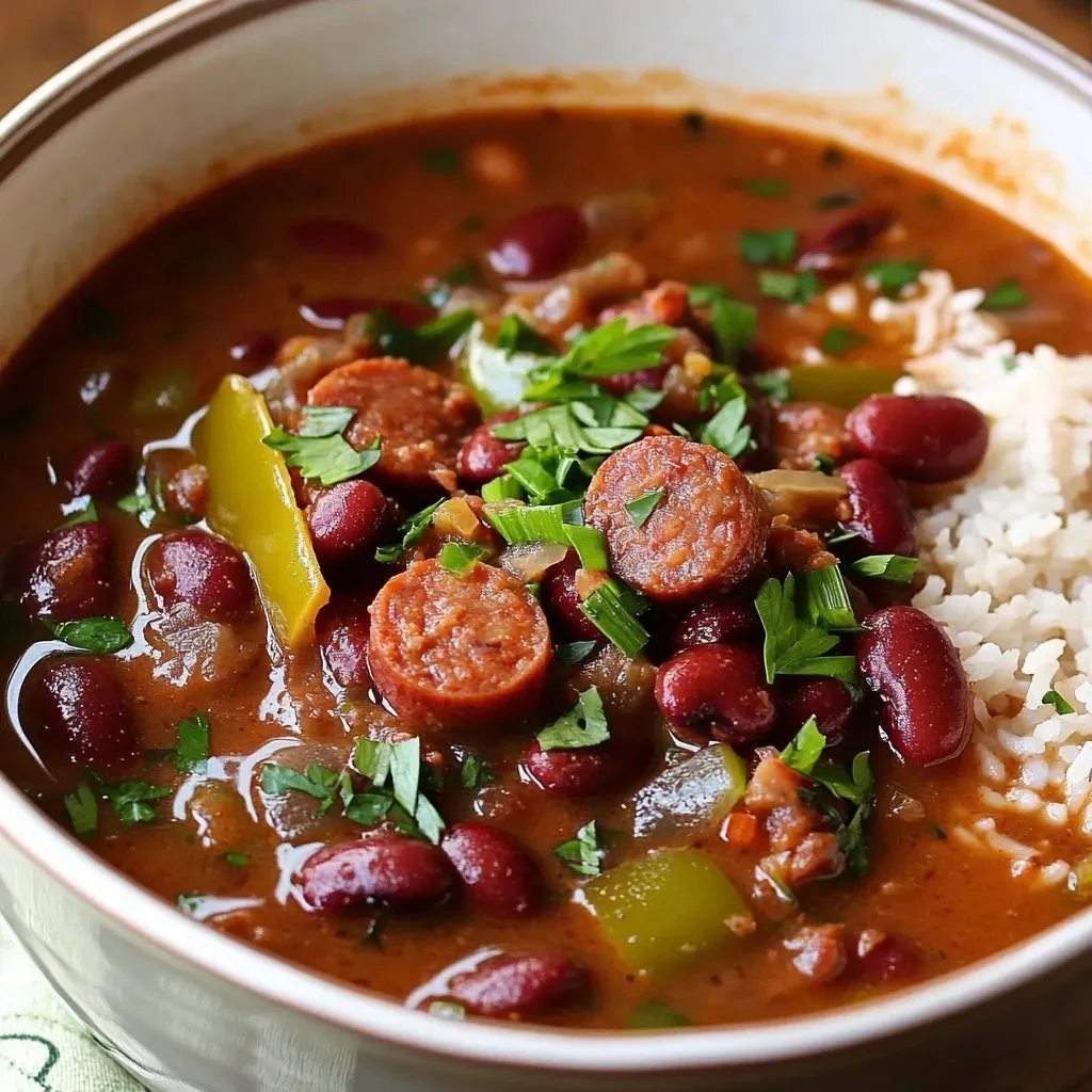 Delicious plate of red beans and rice served with sausage and spices.