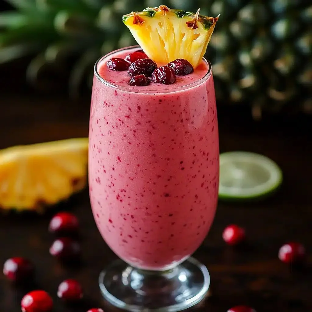 Refreshing pineapple cranberry smoothie in a glass with fruits