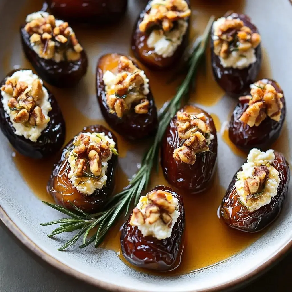 Roasted stuffed dates filled with nuts and spices, served on a plate.