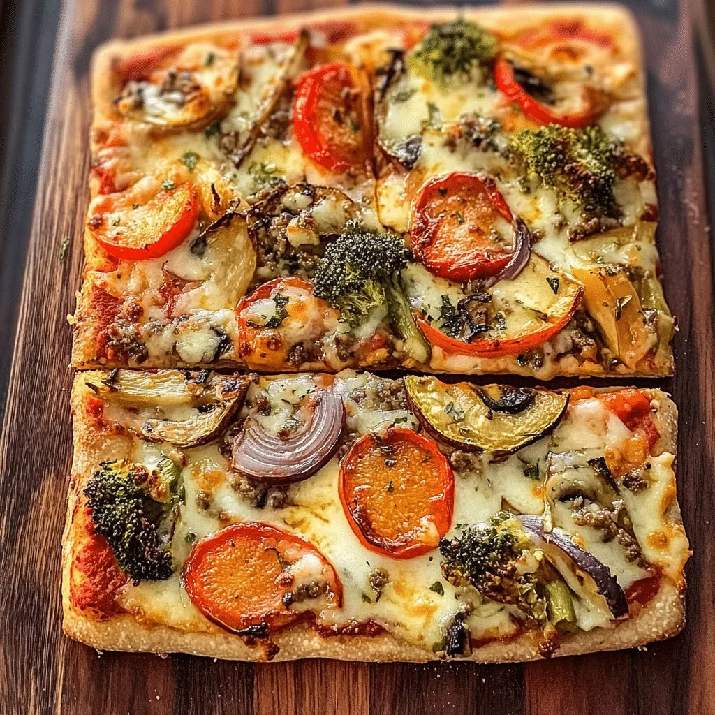 Roasted vegetable whole wheat pizza topped with vibrant vegetables