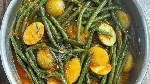 Hearty vegan Greek green beans with potatoes served on a plate