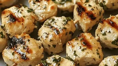 Delicious garlic parmesan chicken kebabs served on a grill.