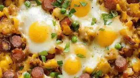 A plate of kielbasa breakfast hash with potatoes and vegetables