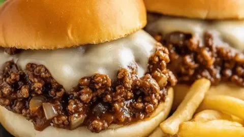 Delicious French Onion Beef Sloppy Joes served on a rustic table