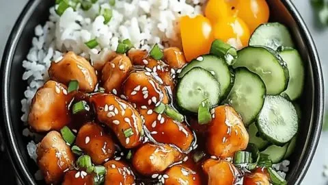 Savory hot honey chicken bowl with vibrant vegetables and flavorful sauce