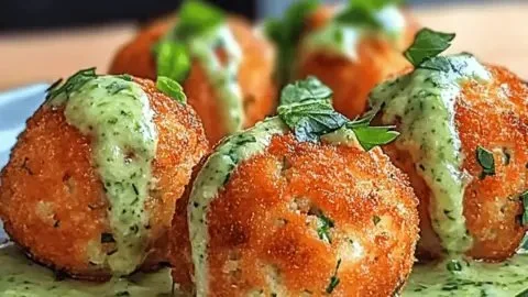 Plate of savory salmon balls served with creamy avocado sauce