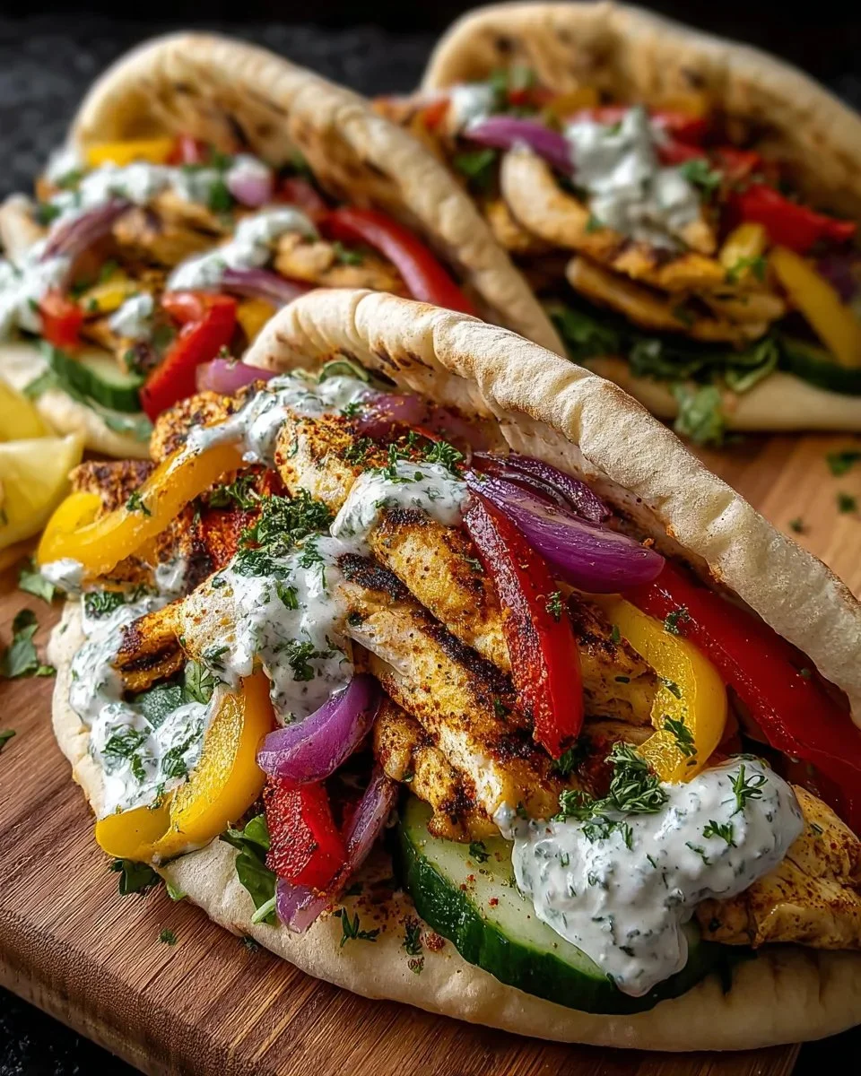 Sheet Pan Chicken Pitas topped with Herby Ranch dressing on a wooden serving board.