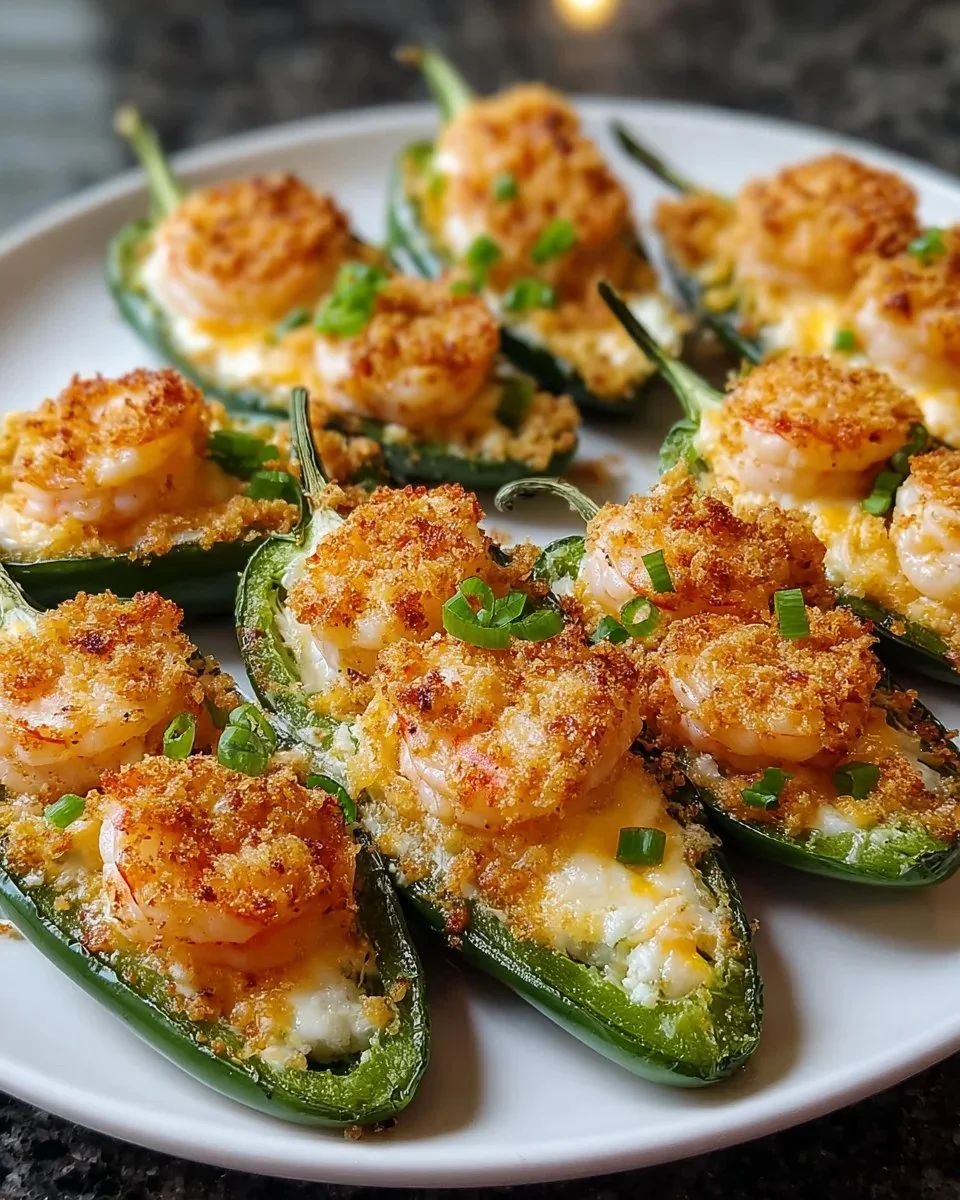 Delicious shrimp stuffed jalapeño poppers ready to serve as a spicy appetizer