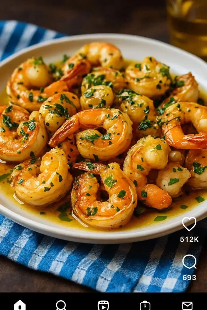 Delicious simple garlic shrimp served on a plate with herbs