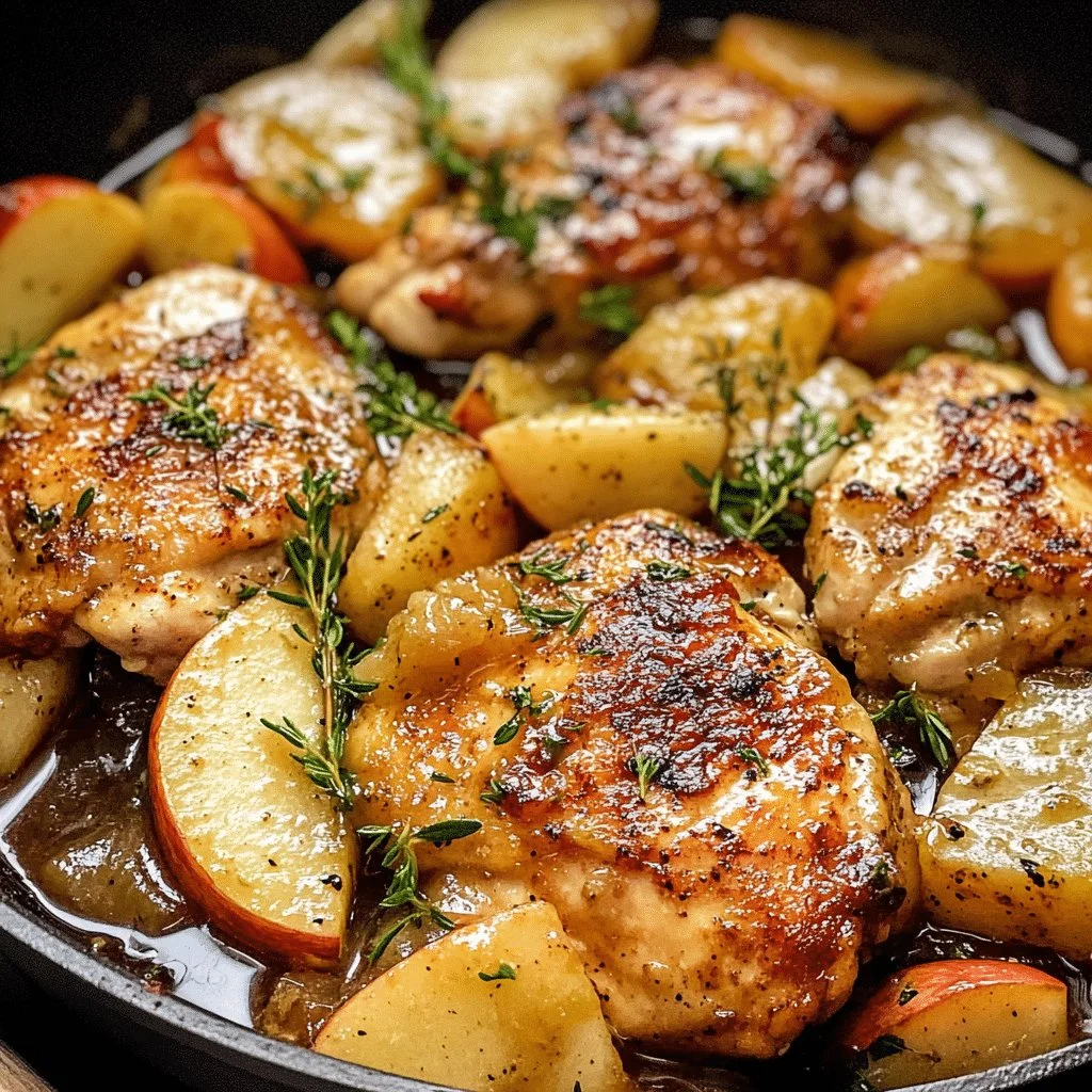 Skillet Apple Cider Chicken cooking in a skillet with herbs and spices