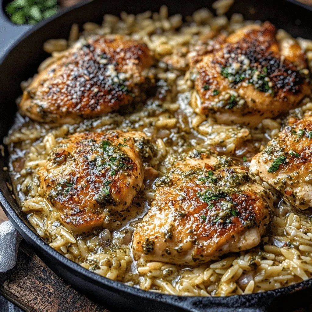 Skillet White Pesto Chicken served with Orzo pasta on a plate