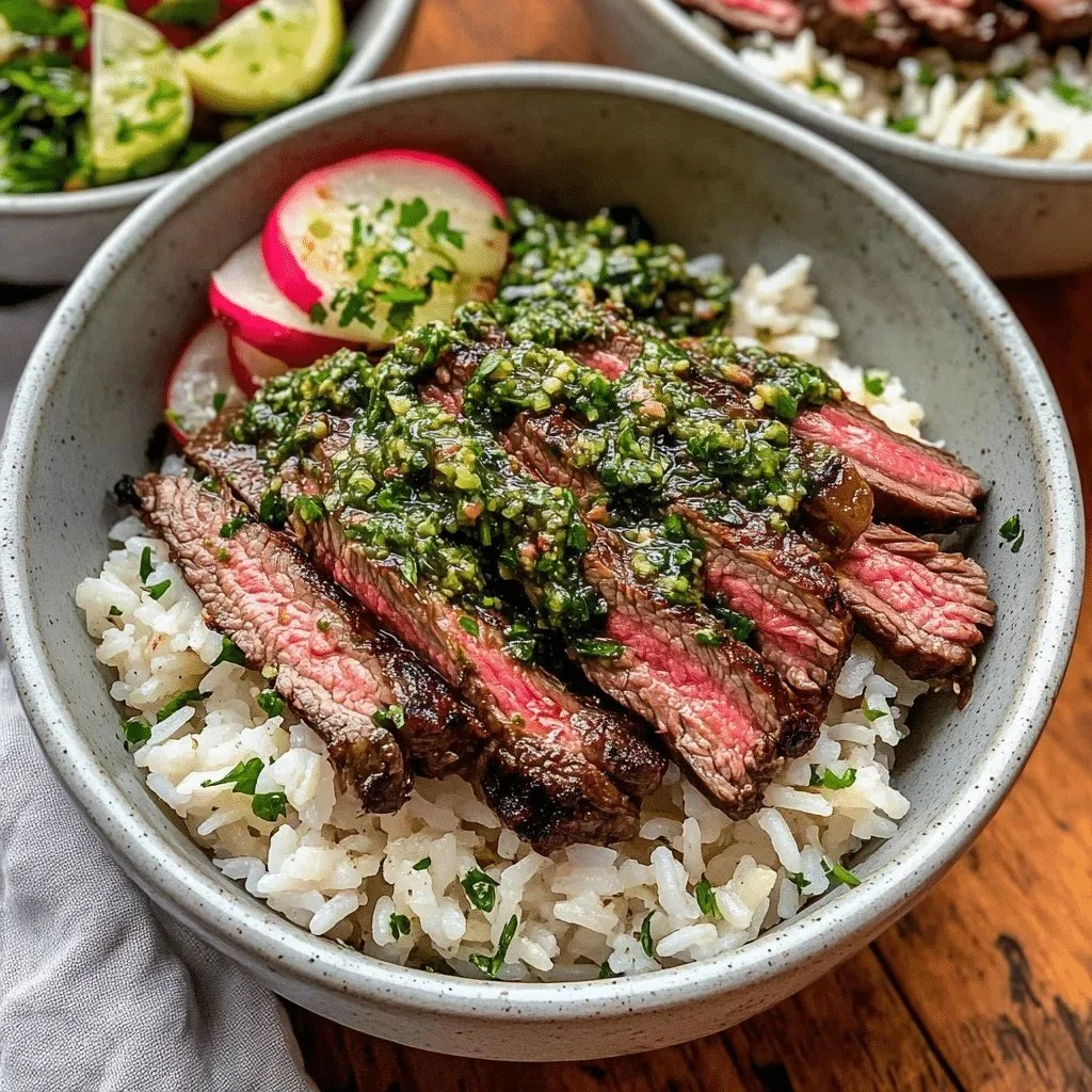 Skirt steak rice bowls garnished with chimichurri sauce