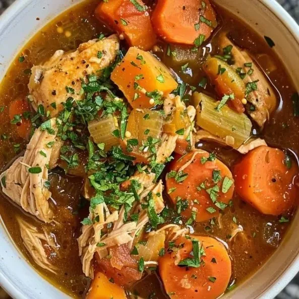 A bowl of hearty slow cooker chicken stew with vegetables and herbs.