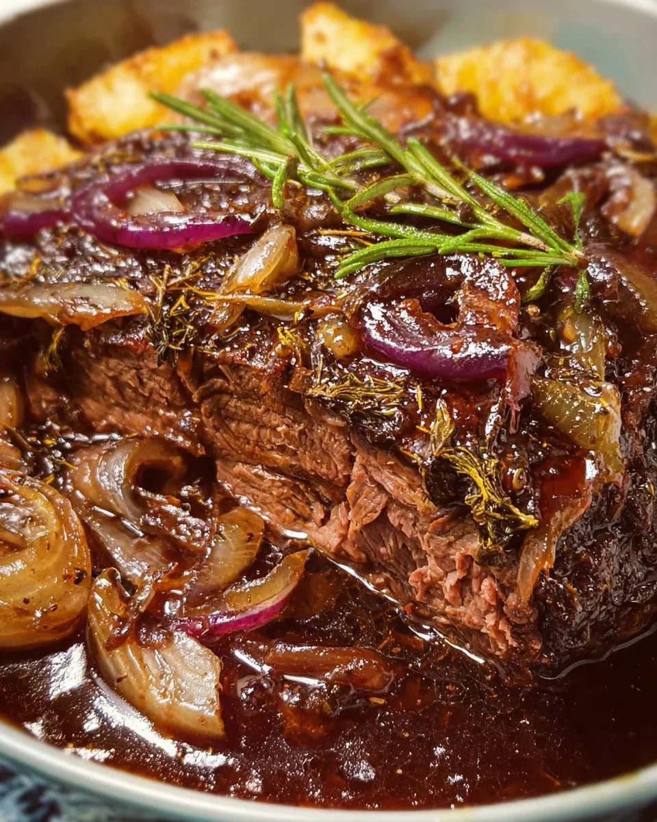 Delicious Slow Cooker Sauerbraten Beef served with herbs and vegetables