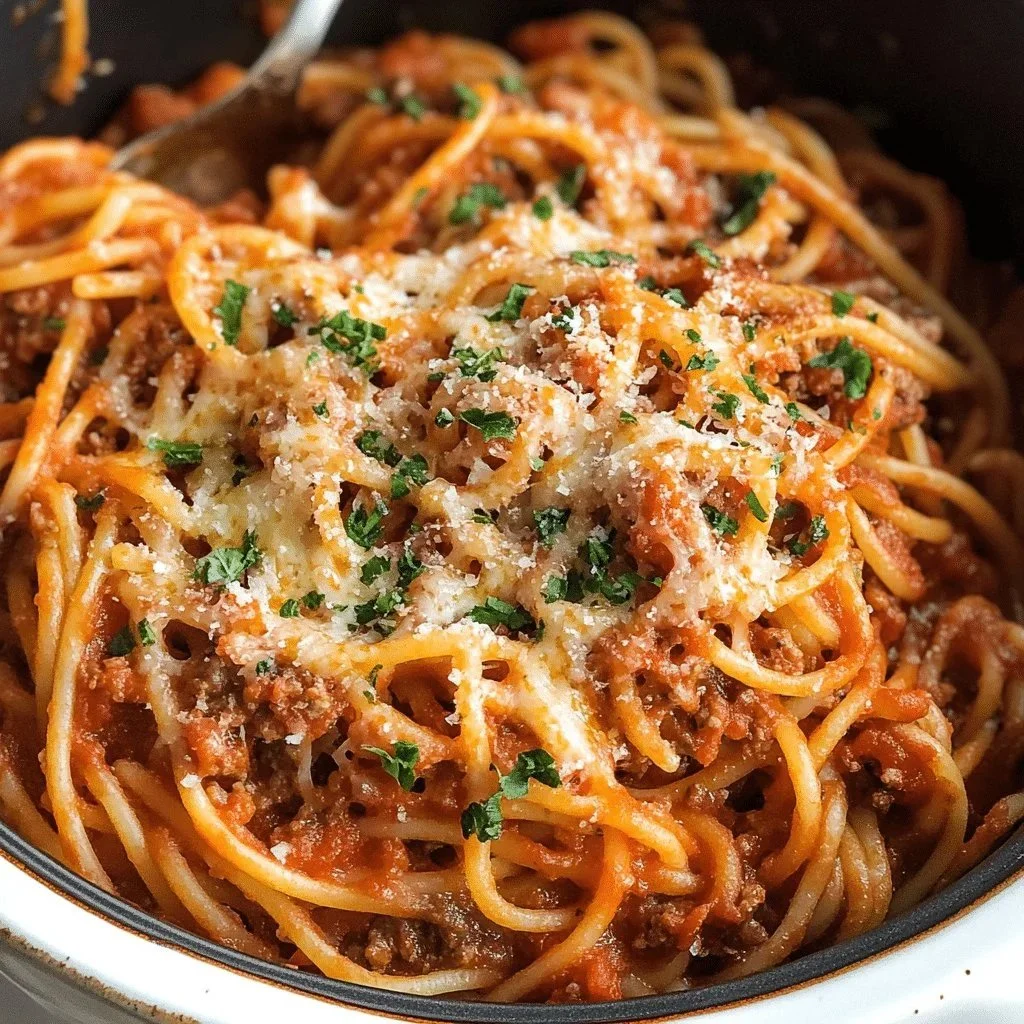Delicious slow cooker spaghetti casserole topped with cheese and herbs
