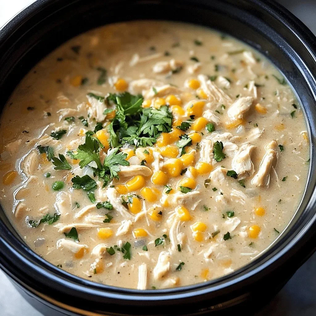 Bowl of creamy slow cooker white chicken chili topped with cilantro and lime