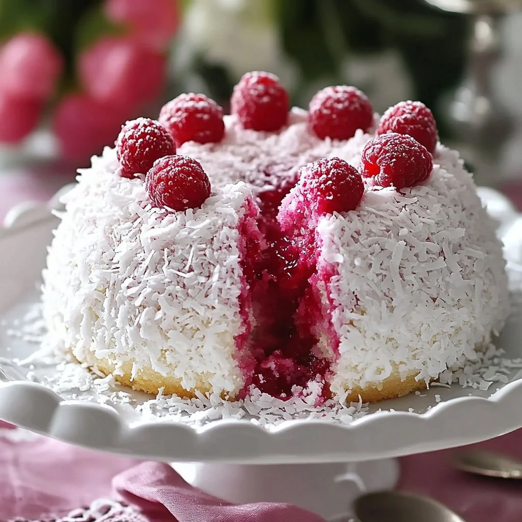 Snowball Cake topped with coconut and raspberry for a delicious dessert treat