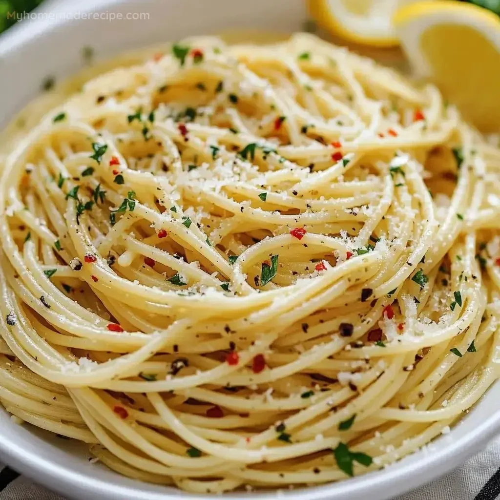 Plate of spaghetti with garlic and oil garnished with parsley
