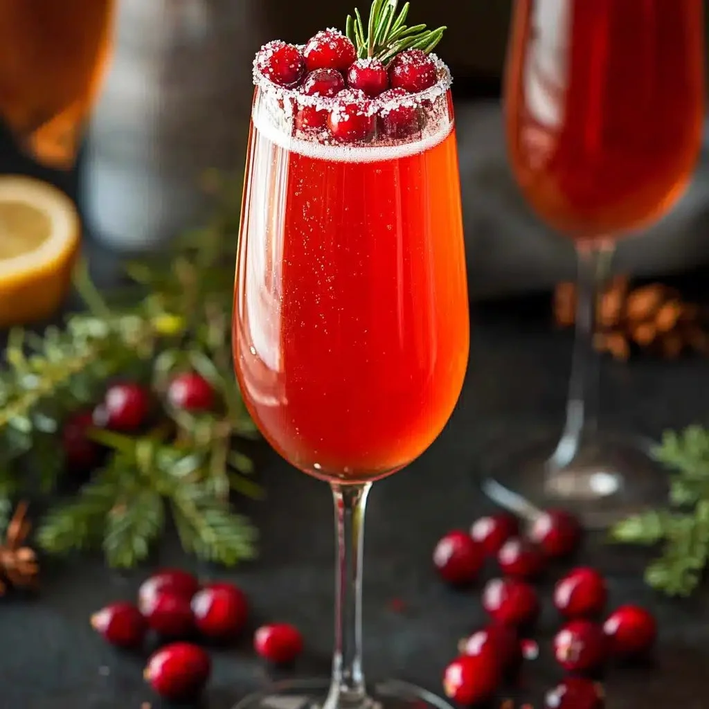 Sparkling Cranberry Mimosa Mocktail served in a festive glass with cranberries and orange slices